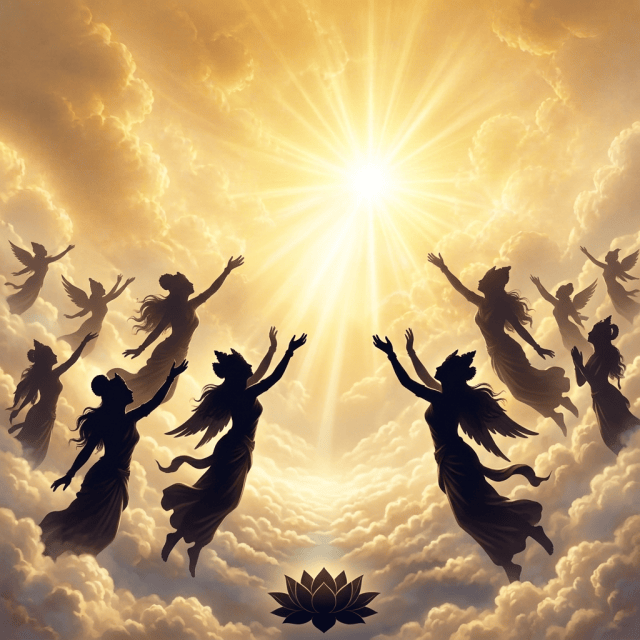 Hindu angelic silhouettes reaching toward light