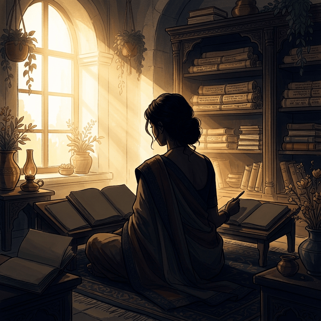 Woman studying beside bookshelves in a sunlit library